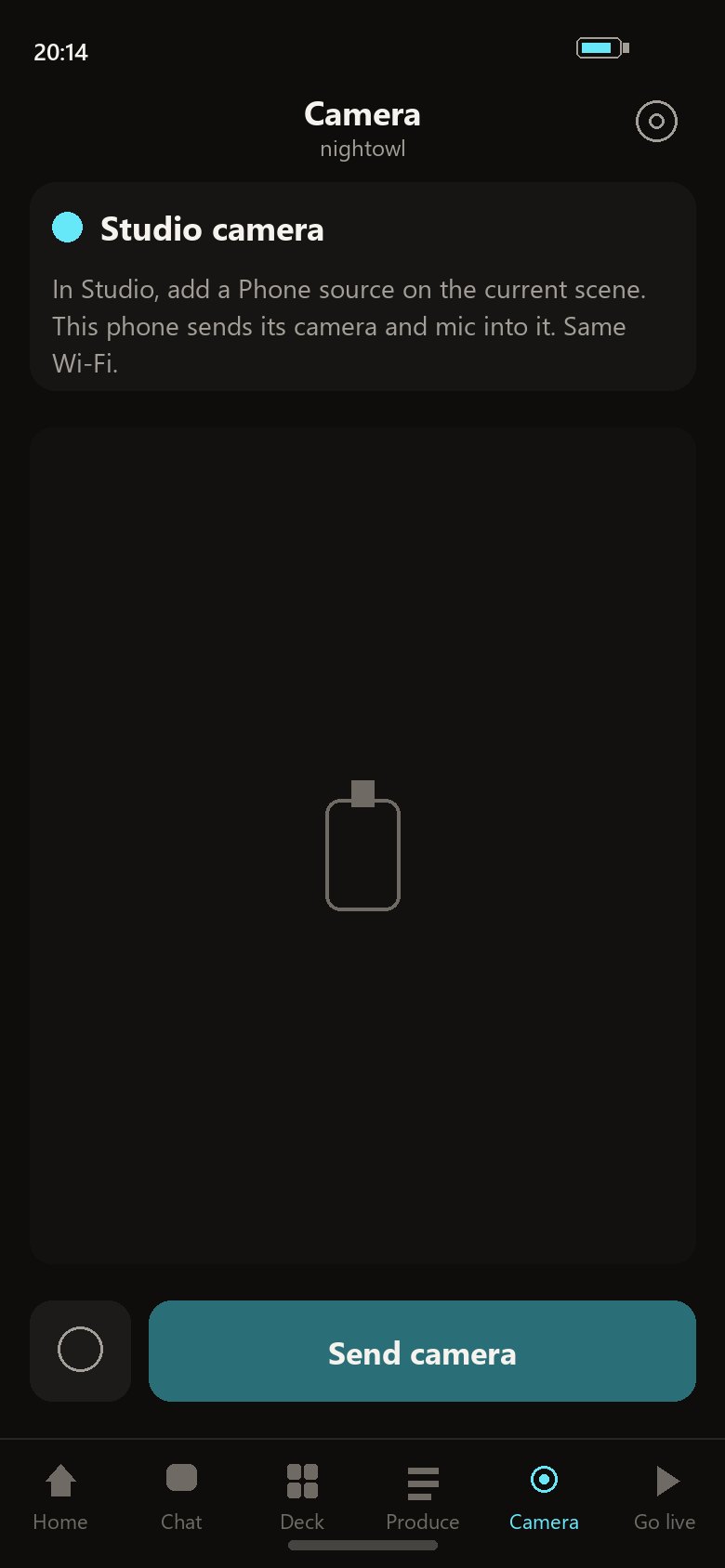 StreamChum phone app Camera tab with Send camera for a Studio Phone source