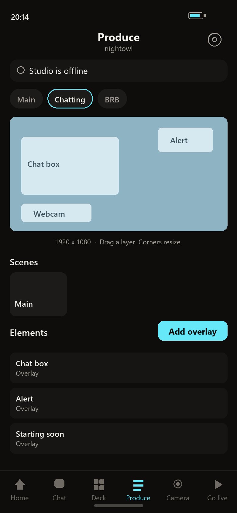 StreamChum phone app Produce tab with a scene canvas, scenes, and elements