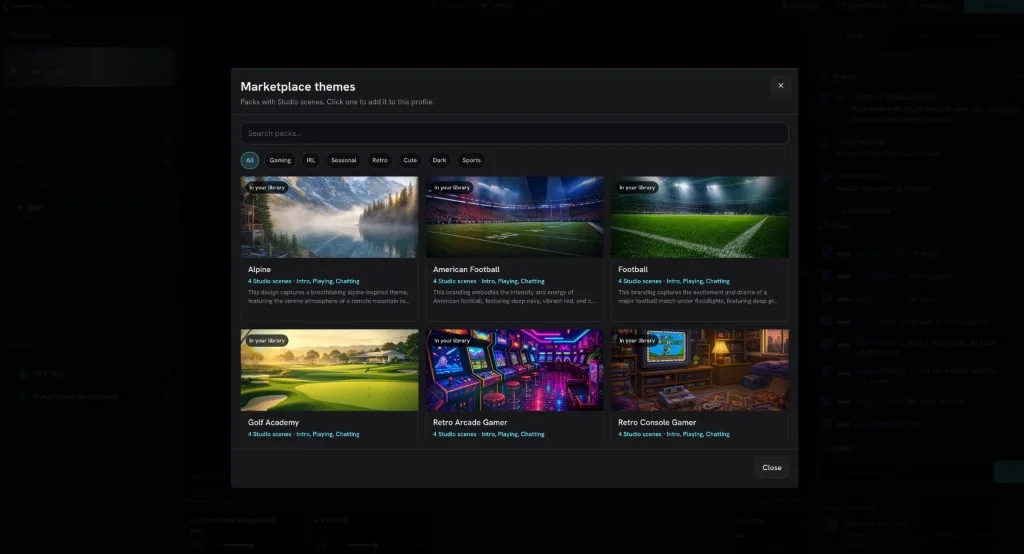 Studio Marketplace themes sheet with free packs such as Alpine, American Football, Golf Academy, and Retro Arcade Gamer.