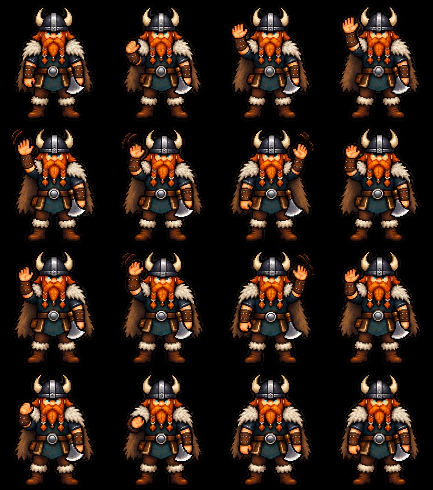 A 4 by 4 sprite sheet of a pixel viking waving, sixteen poses in reading order