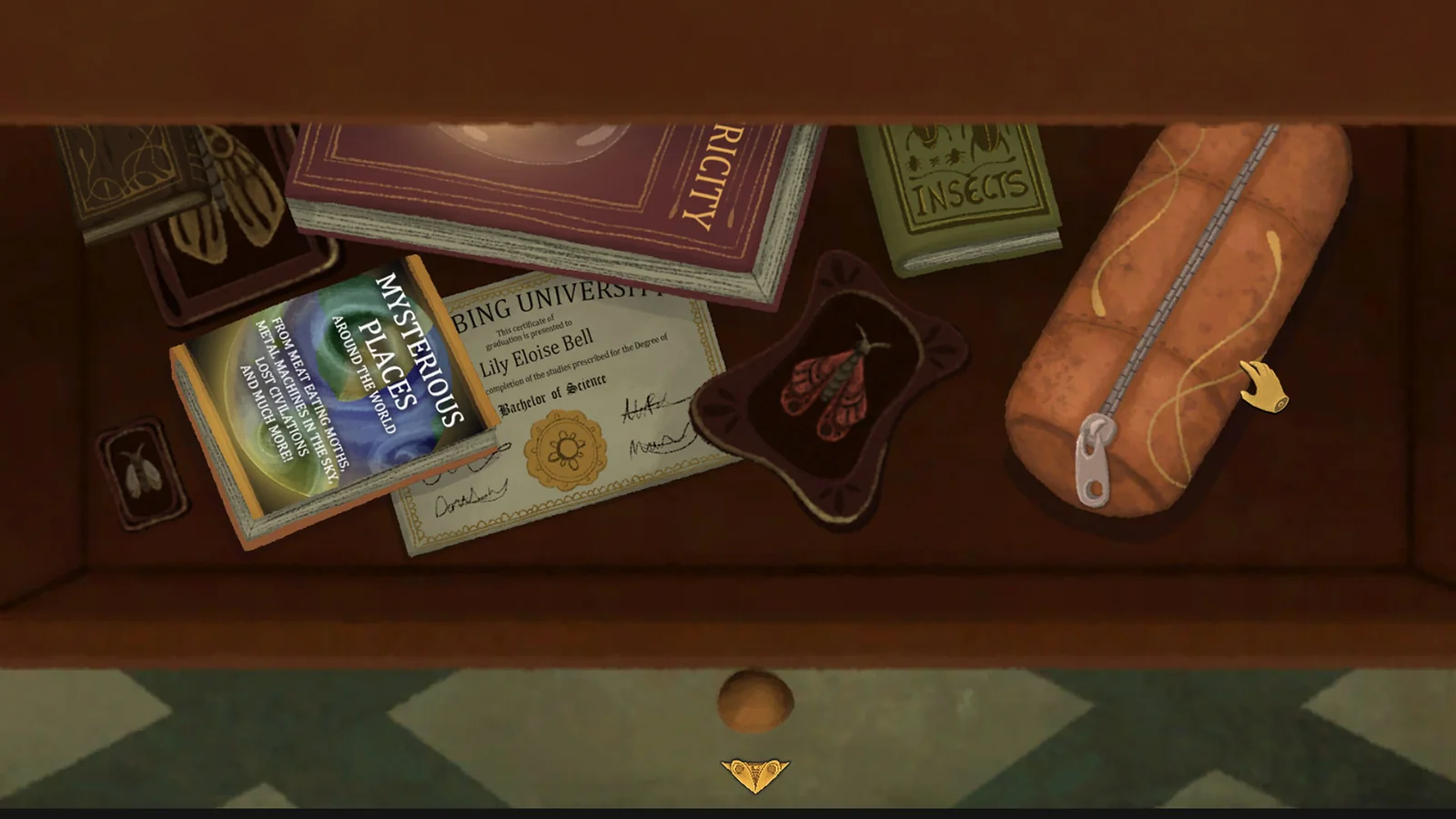 An open wooden drawer containing books, a university certificate, an insect pouch, and a zipped case