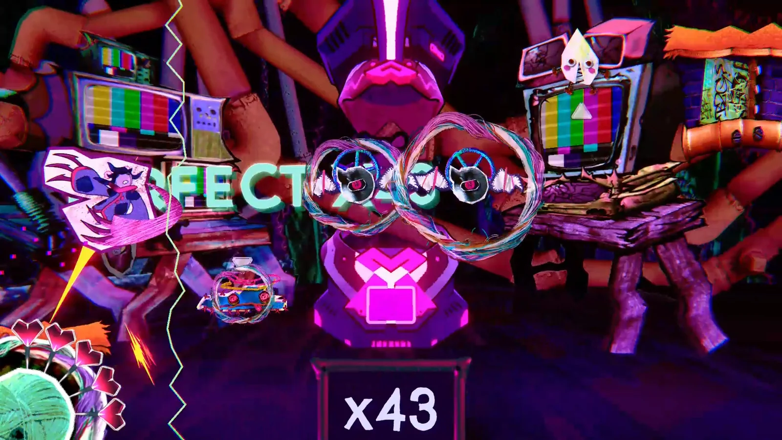 Peccori hangs in the air between two spinning enemies while a chart reads PERFECT x43.