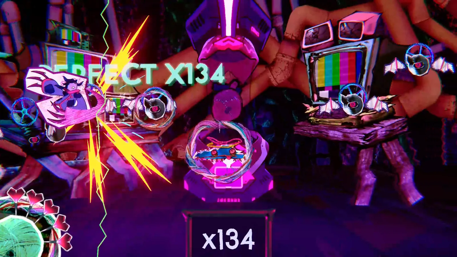 A yellow slash bursts from Peccori as the chart reads PERFECT x134.