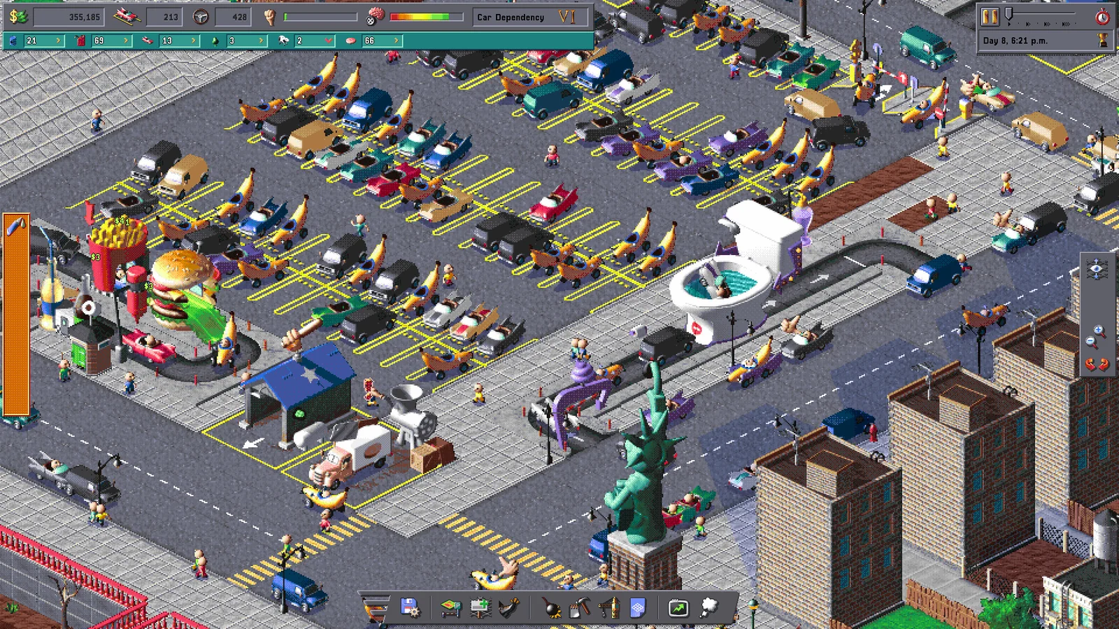 A crowded parking district surrounds fast-food buildings, a giant toilet drive-through, and a green car-themed statue.