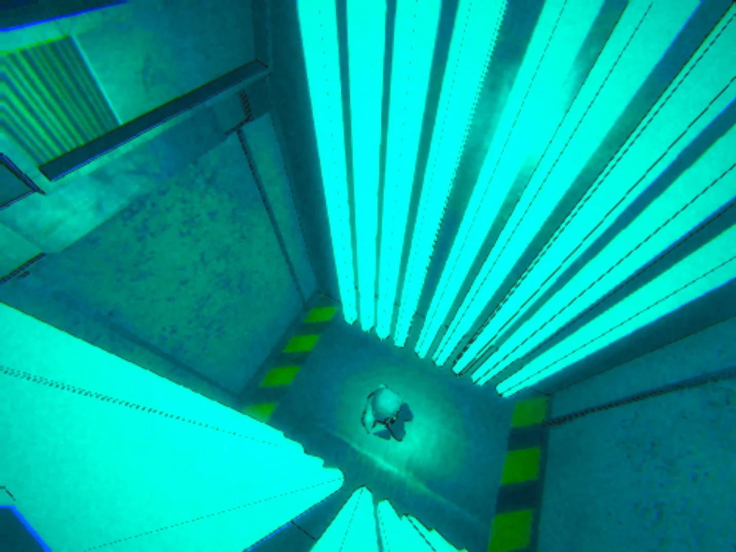 A cyan-lit first-person puzzle space in Cyan Heart.