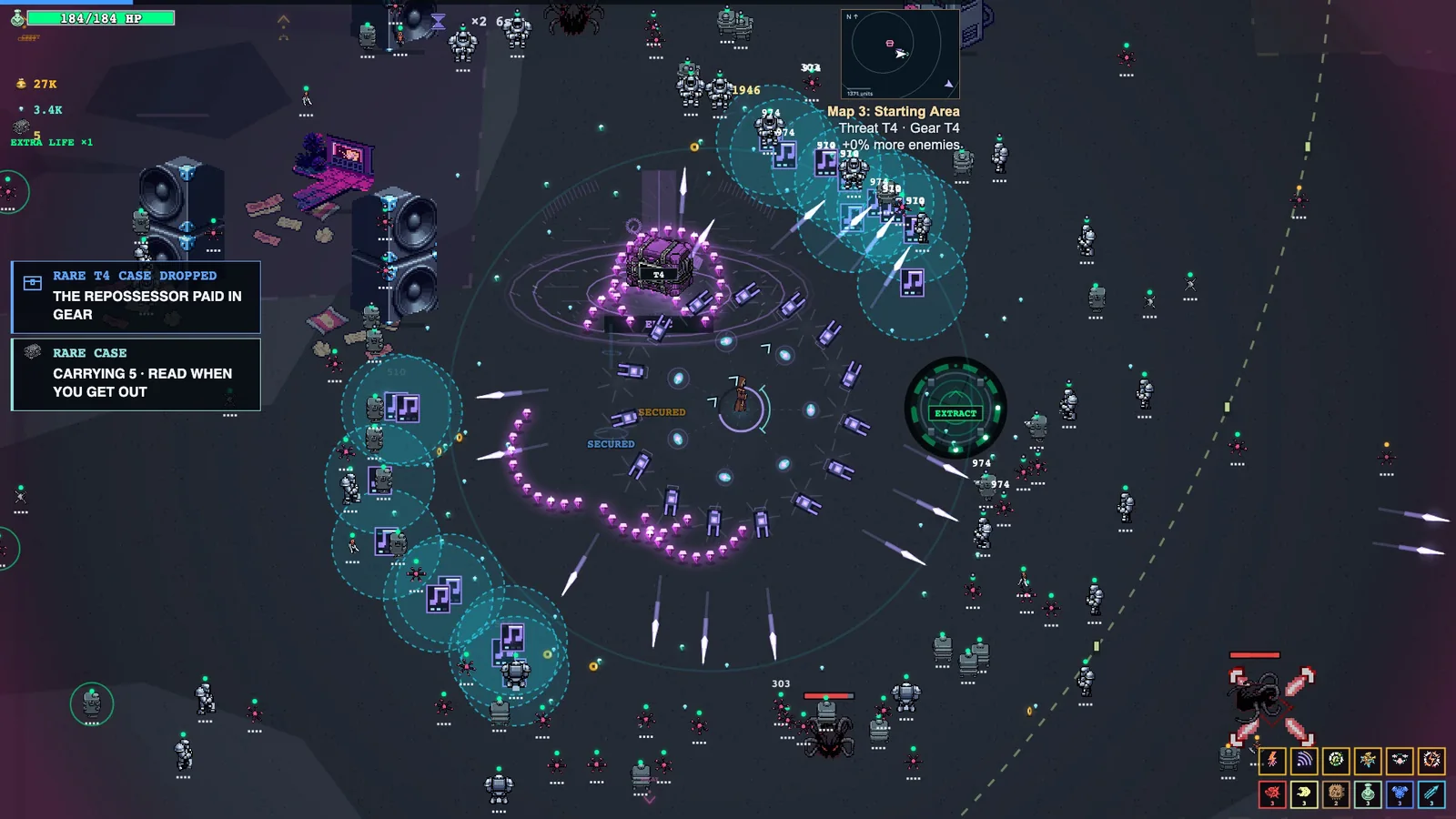A CyberSprawl operator fights a machine horde beside an open extraction point while carrying rare gear.