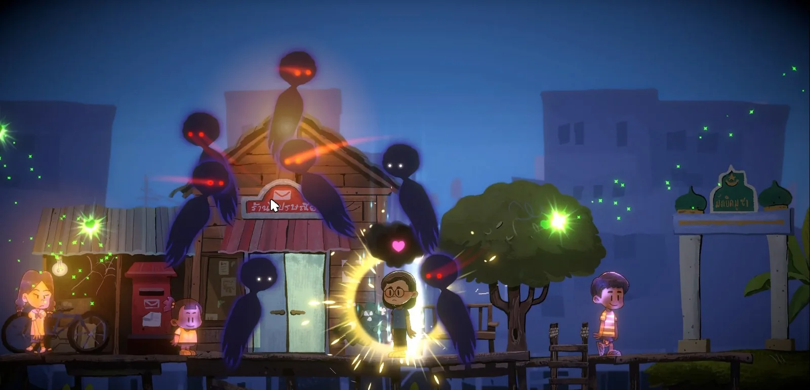 A character stands among glowing ghosts outside a village building in Dancing with Ghosts.