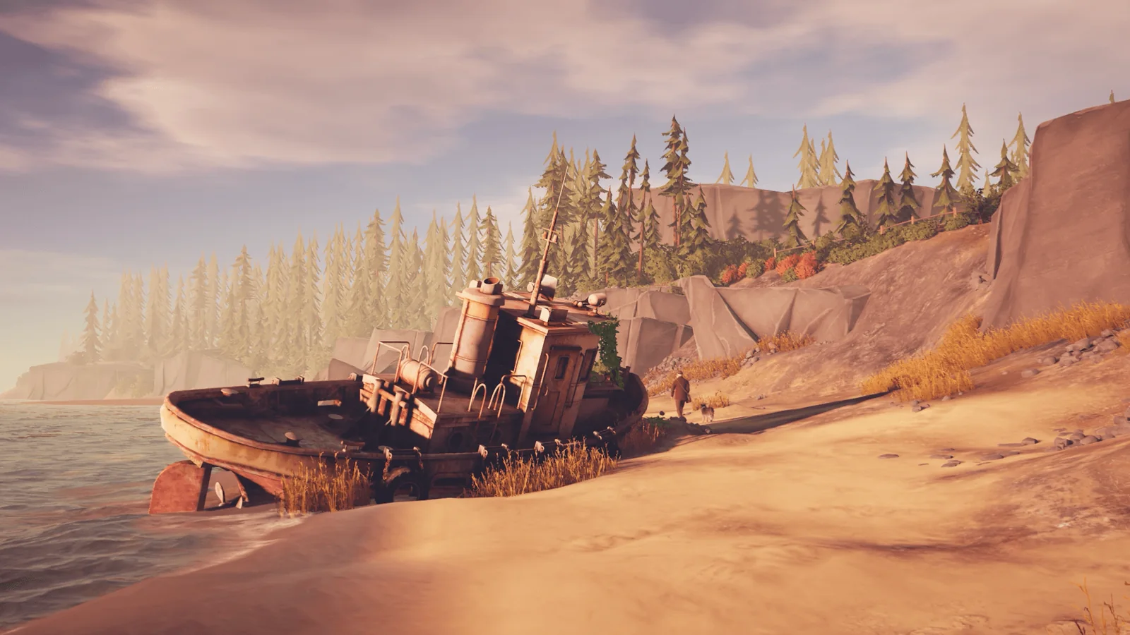 A stranded boat rests on a sunlit shoreline in Forever Ago.