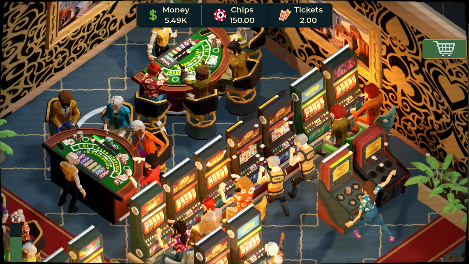 A casino floor with slot machines, table games, and money, chips, and tickets counters in More Slots More Money.