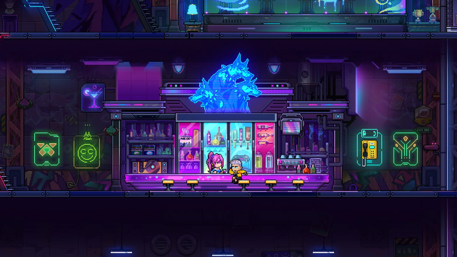 A neon shop and blue dragon fill the pixel-art hub in Neon Abyss 2.