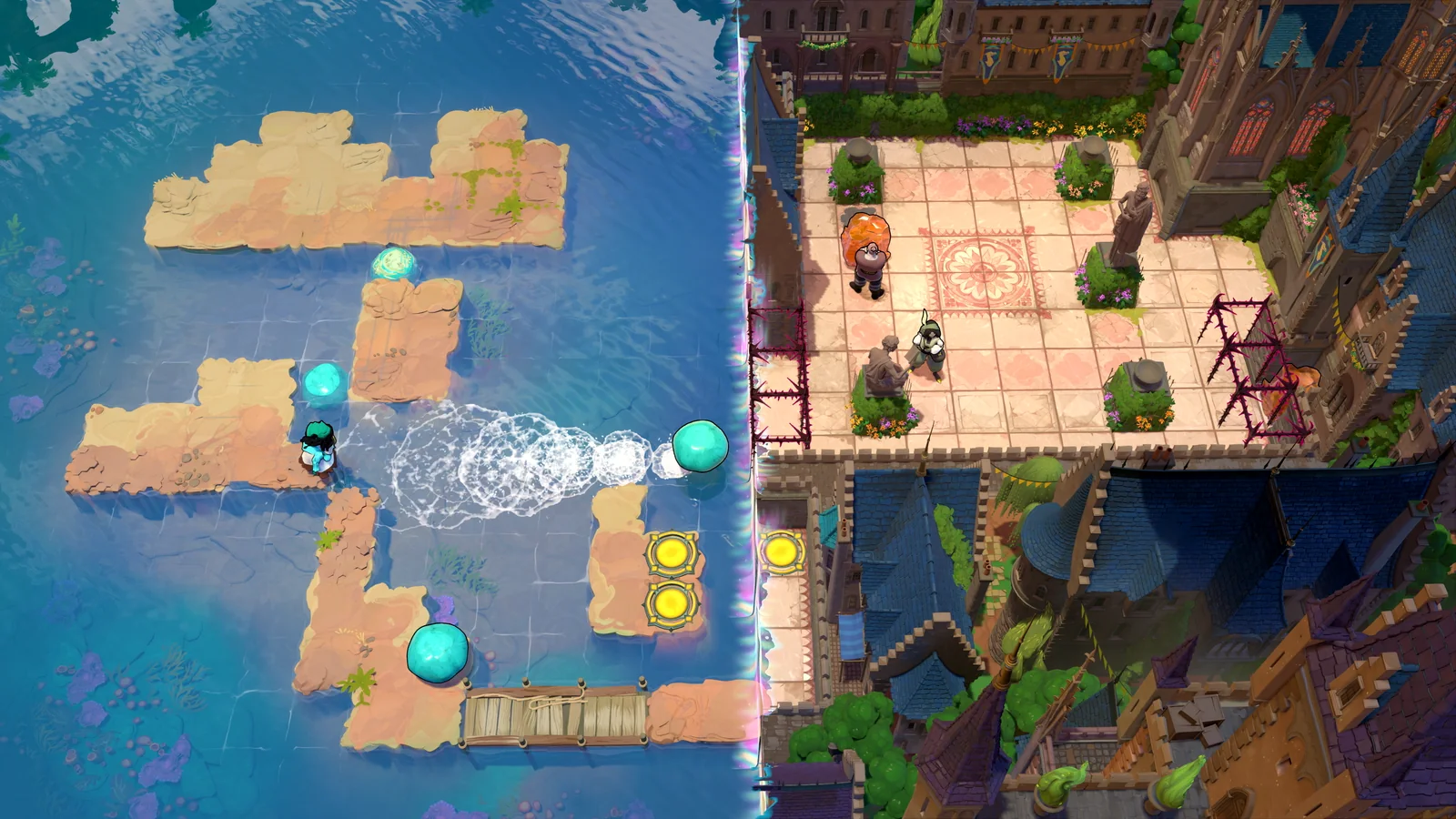 A puzzle scene in Order of the Sinking Star shows a flooded arena and a fortified town.