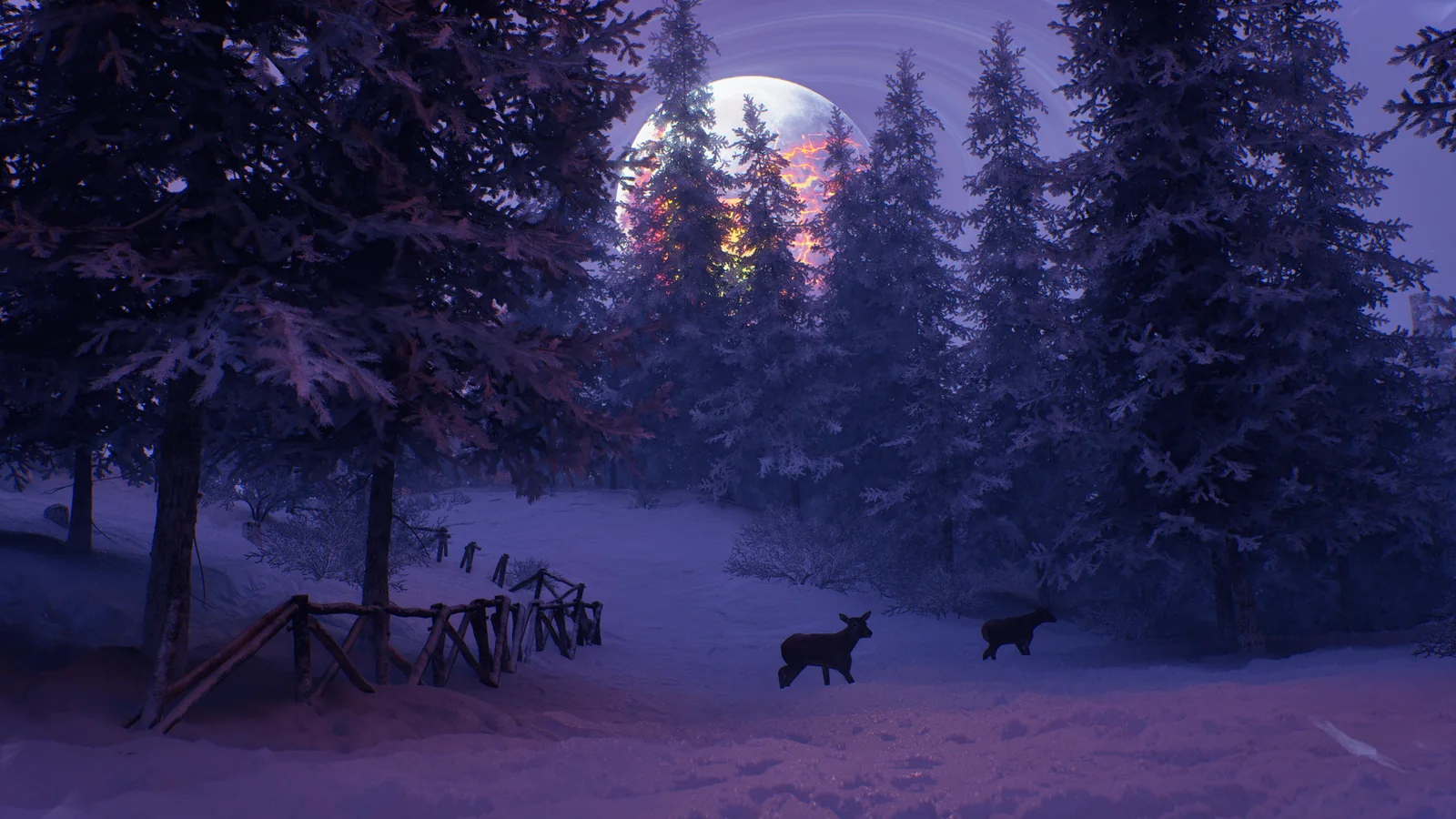 Two deer cross a snowy forest while the fractured moon glows through the trees.