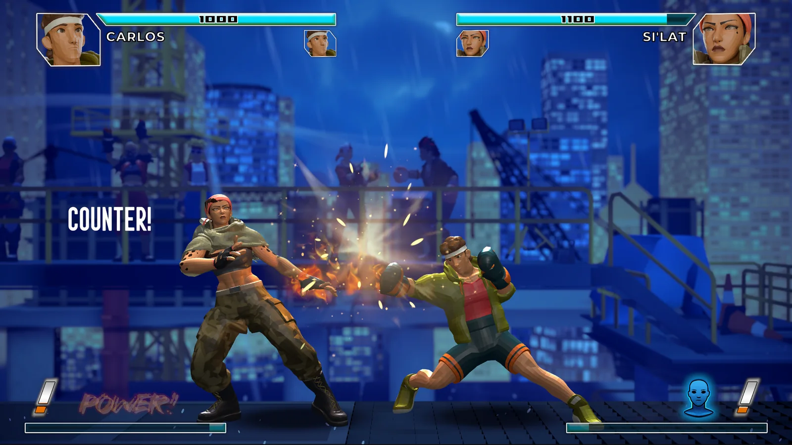 Two fighters exchange a counter punch on a rooftop arena with health and power meters visible