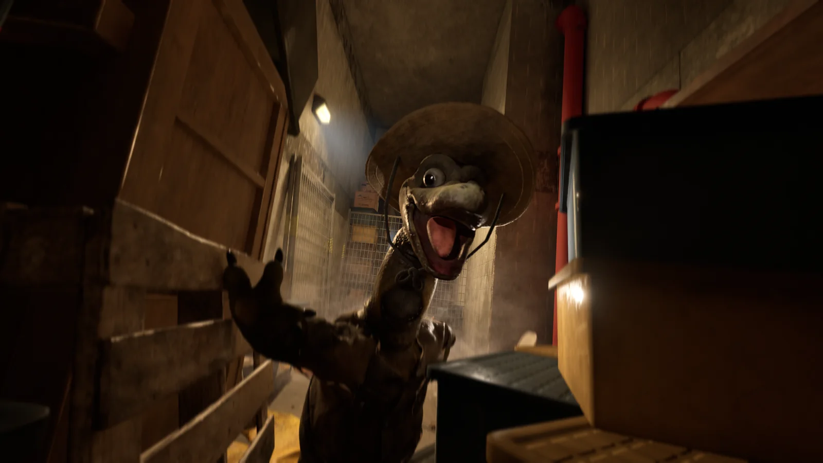A dinosaur mascot lunging toward the player in a narrow service corridor