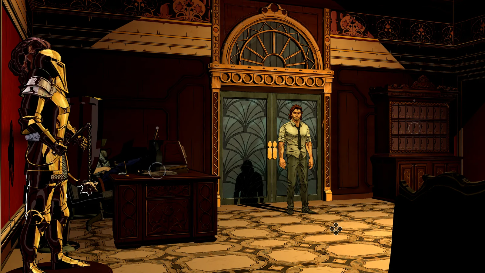 Bigby Wolf standing inside a richly lit office beside a suit of armour
