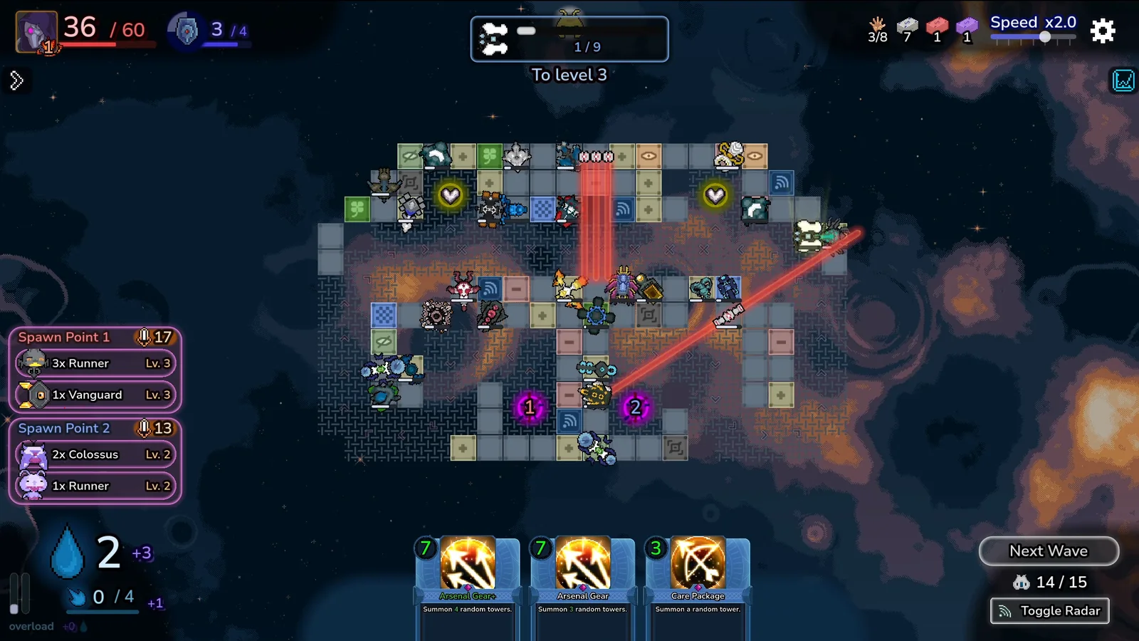 A compact space platform holds towers, enemies, two spawn lanes, and three cards waiting at the bottom of the screen.