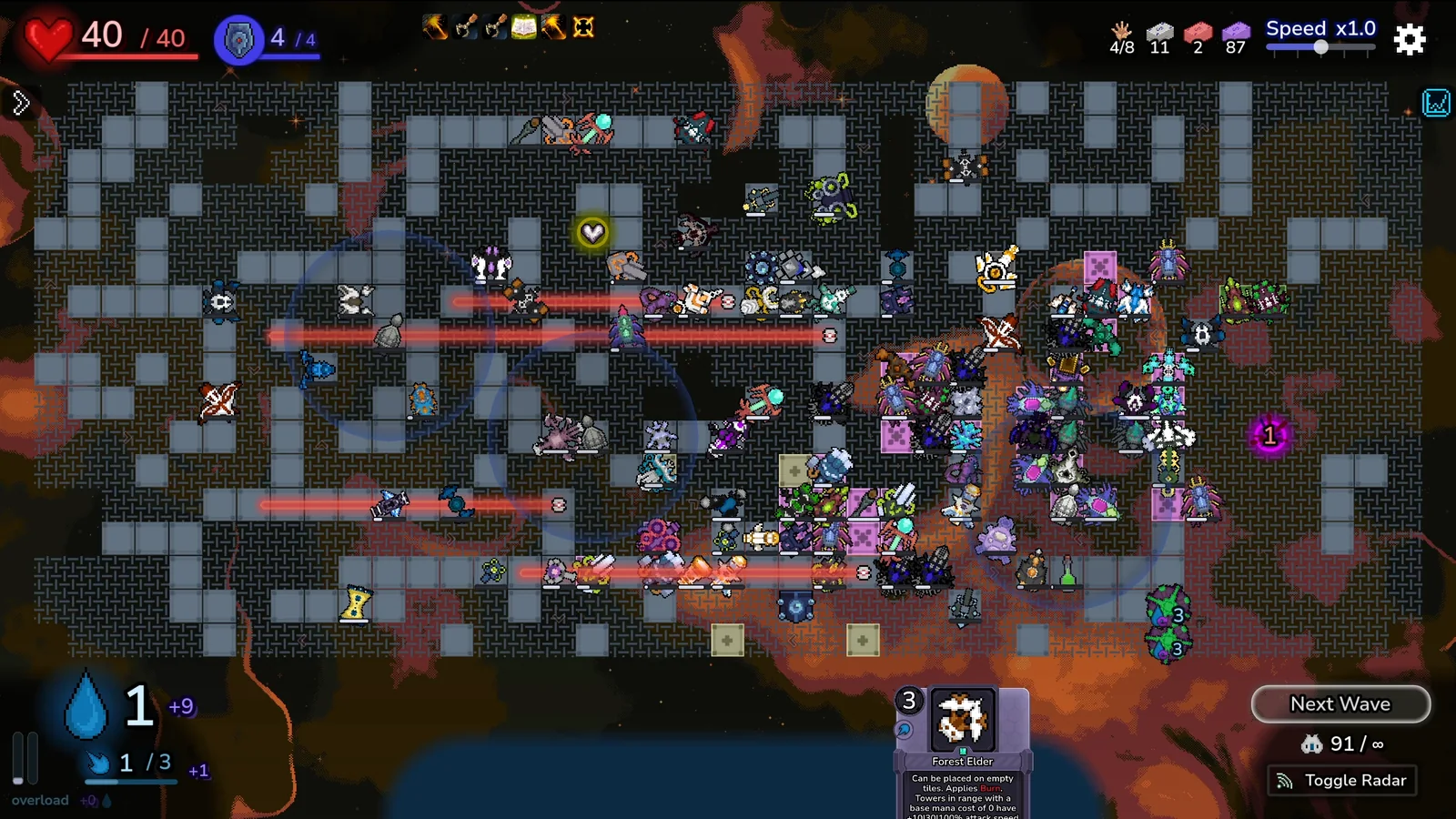 Dozens of towers and enemies crowd several horizontal lanes during a late Tower Tactics II wave.
