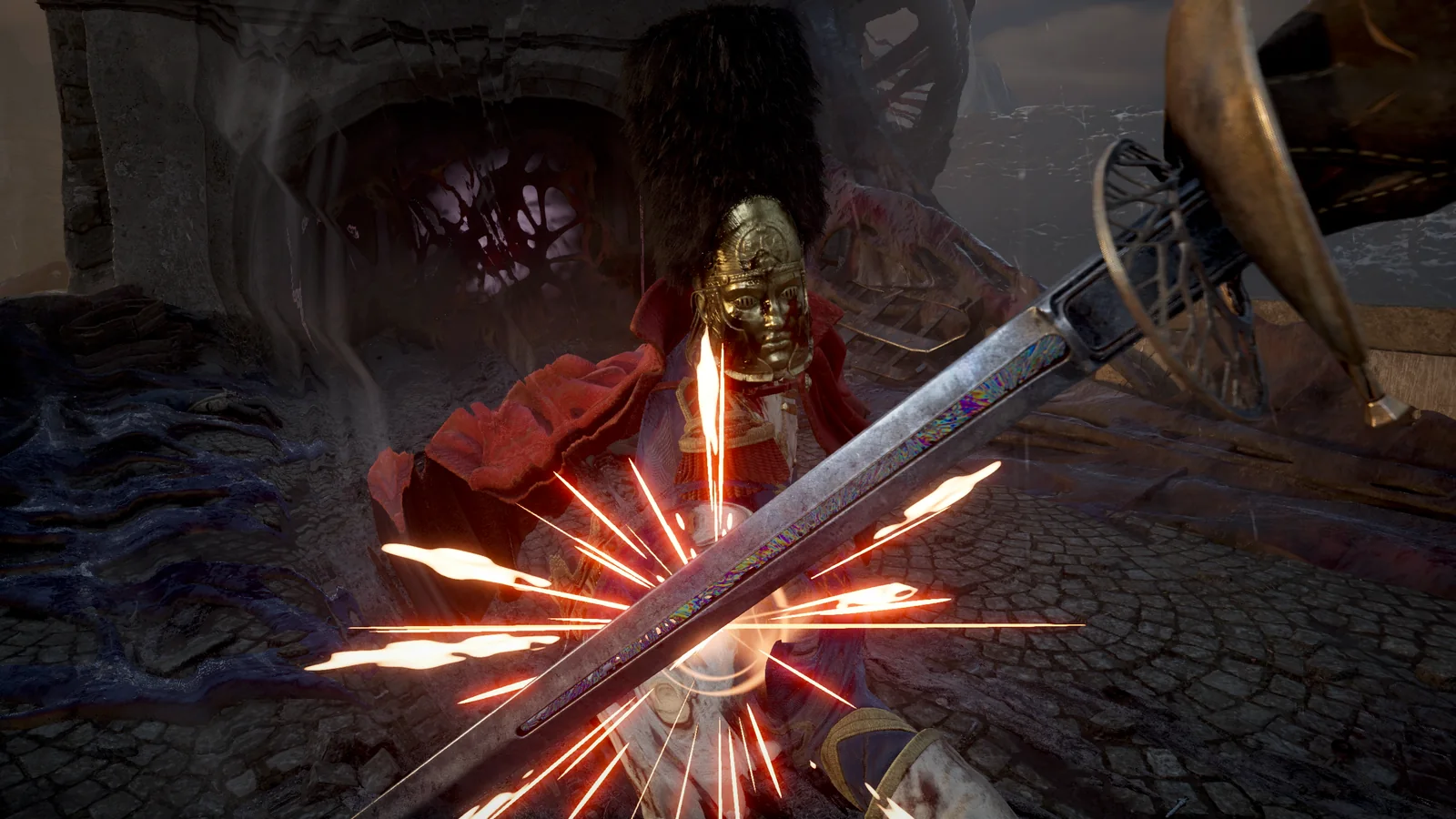 First-person sword combat against an armoured enemy on a corrupted stone path