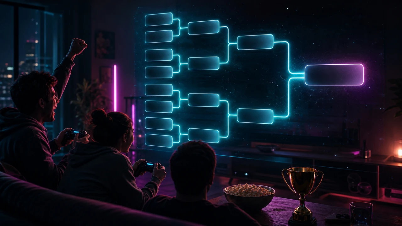 Game night knockout: friends on the couch, a glowing tournament bracket on the big screen