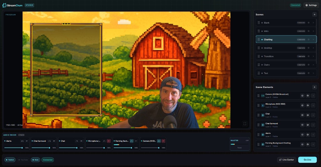 StreamChum Studio: program preview, scenes, mixer, and Go live
